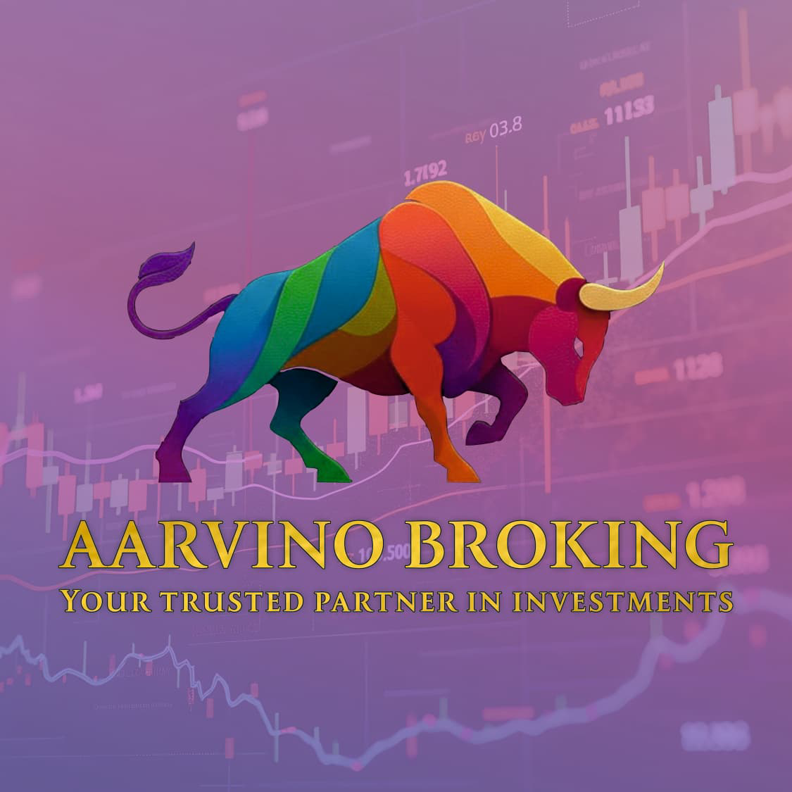 Aarvino Broking investment services banner featuring a colorful bull symbol representing stock market trading, wealth creation, financial planning, and investment solutions in India.