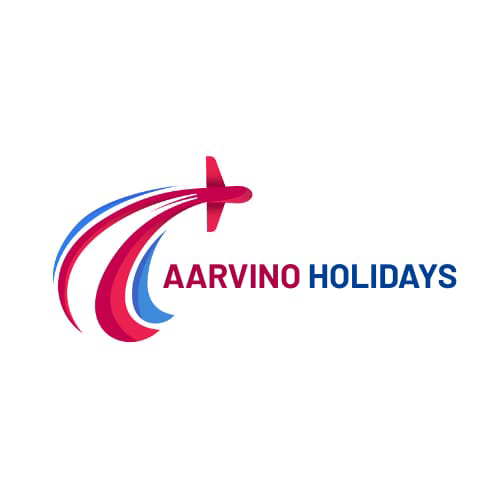 Aarvino Holidays logo featuring an airplane symbol representing travel packages, holiday tours, flight bookings, and travel services in India.